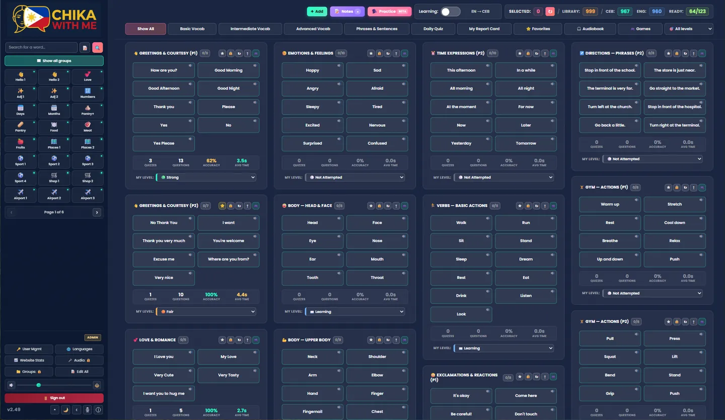Chika With Me console — vocabulary grouped by topic with native-speaker audio