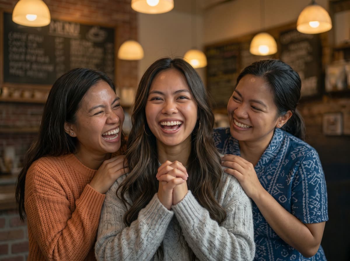 Friends laughing together over coffee