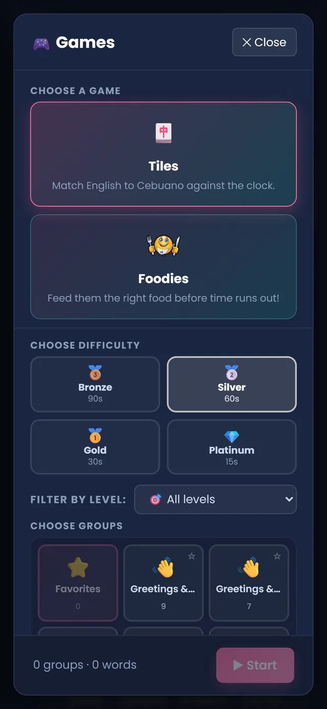 Chika With Me on a phone — language games, Tiles and Foodies