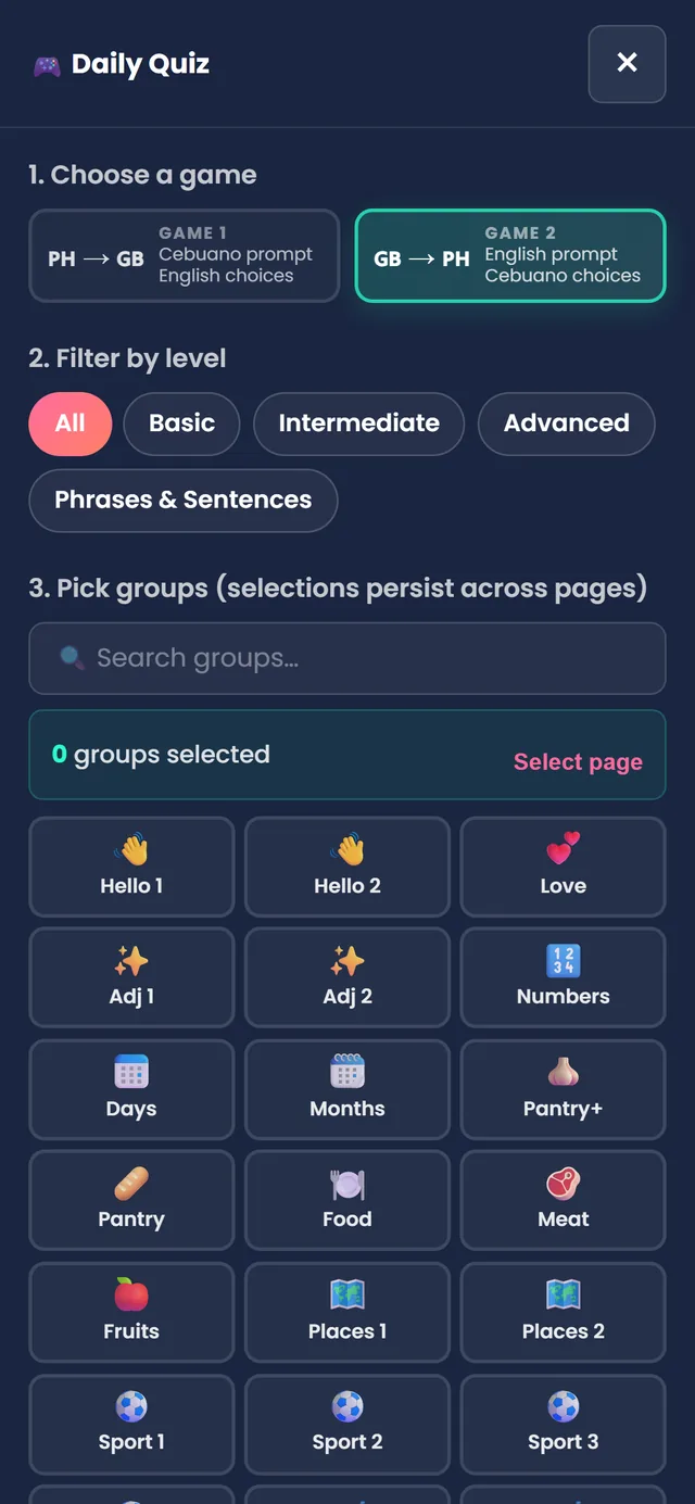 Chika With Me on a phone — the daily quiz setup, choose direction and level